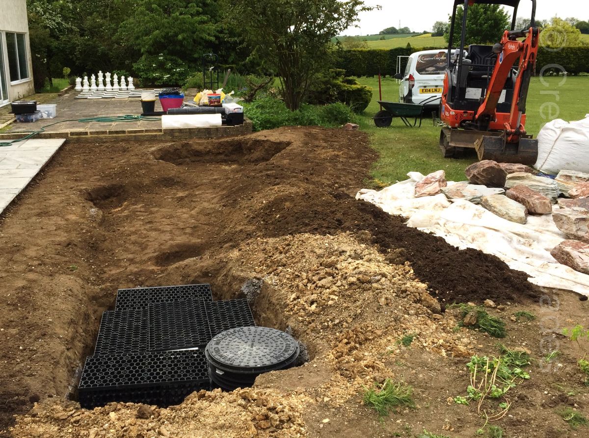Our custom natural reservoir being built for a new waterfall and pooling stream  - Landscaping and Water Features -  Creative Cascades