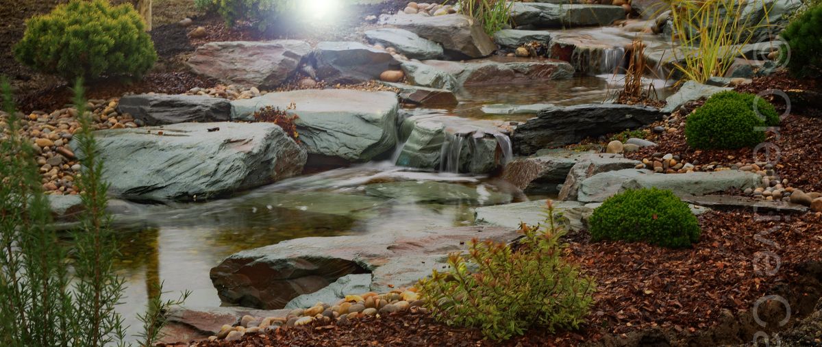 Atmospheric waterfalls tumbling into ecosystem pond, Hertfordshire  - Landscaping and Water Features -  Creative Cascades