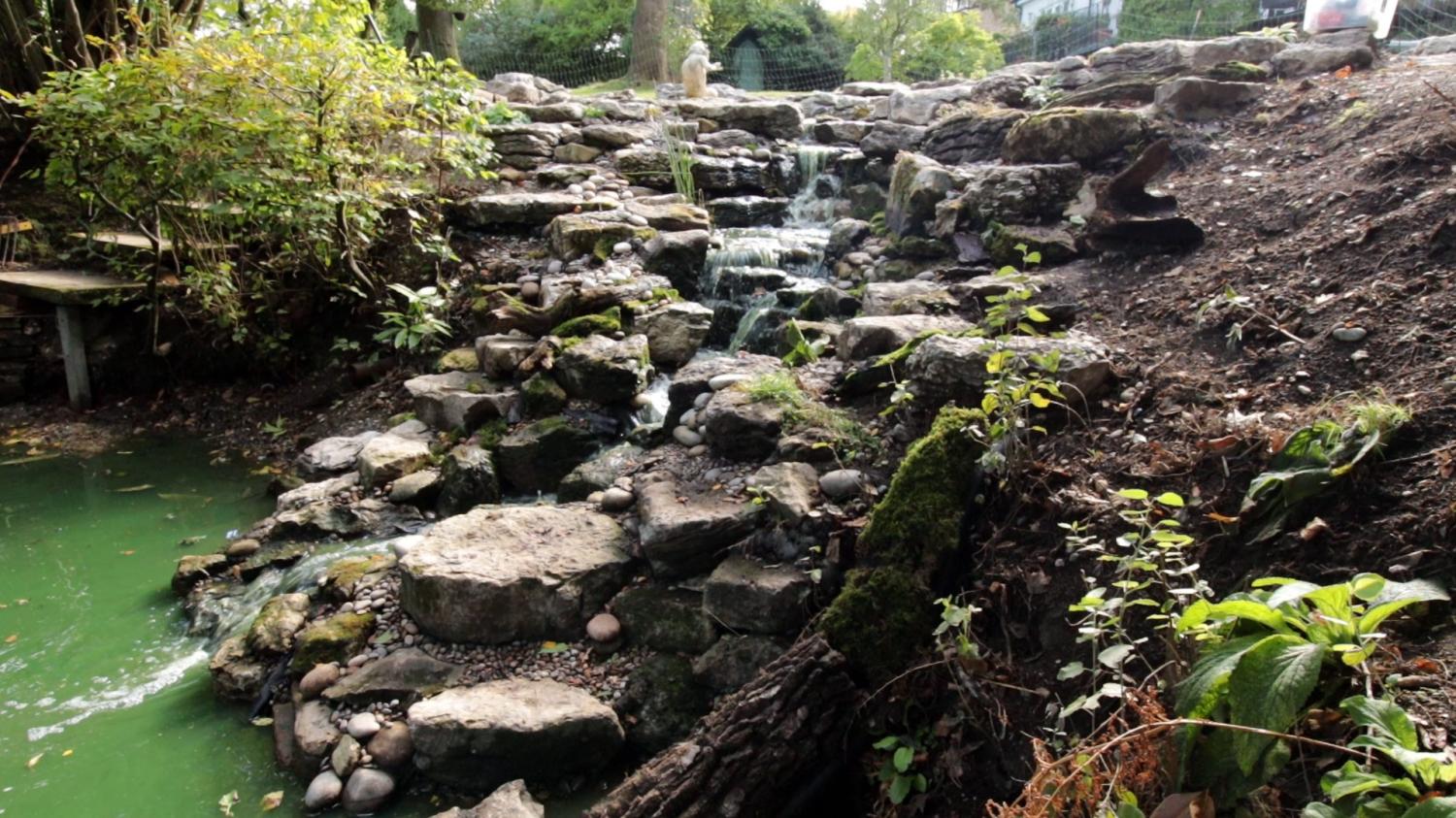 Large existing bank needed large retaining rocks. Limestone waterfall with wetland filter and intake bay retro-fitted to an existing pond suffering with algae & high maintenance issues.  - Landscaping and Water Features -  Creative Cascades