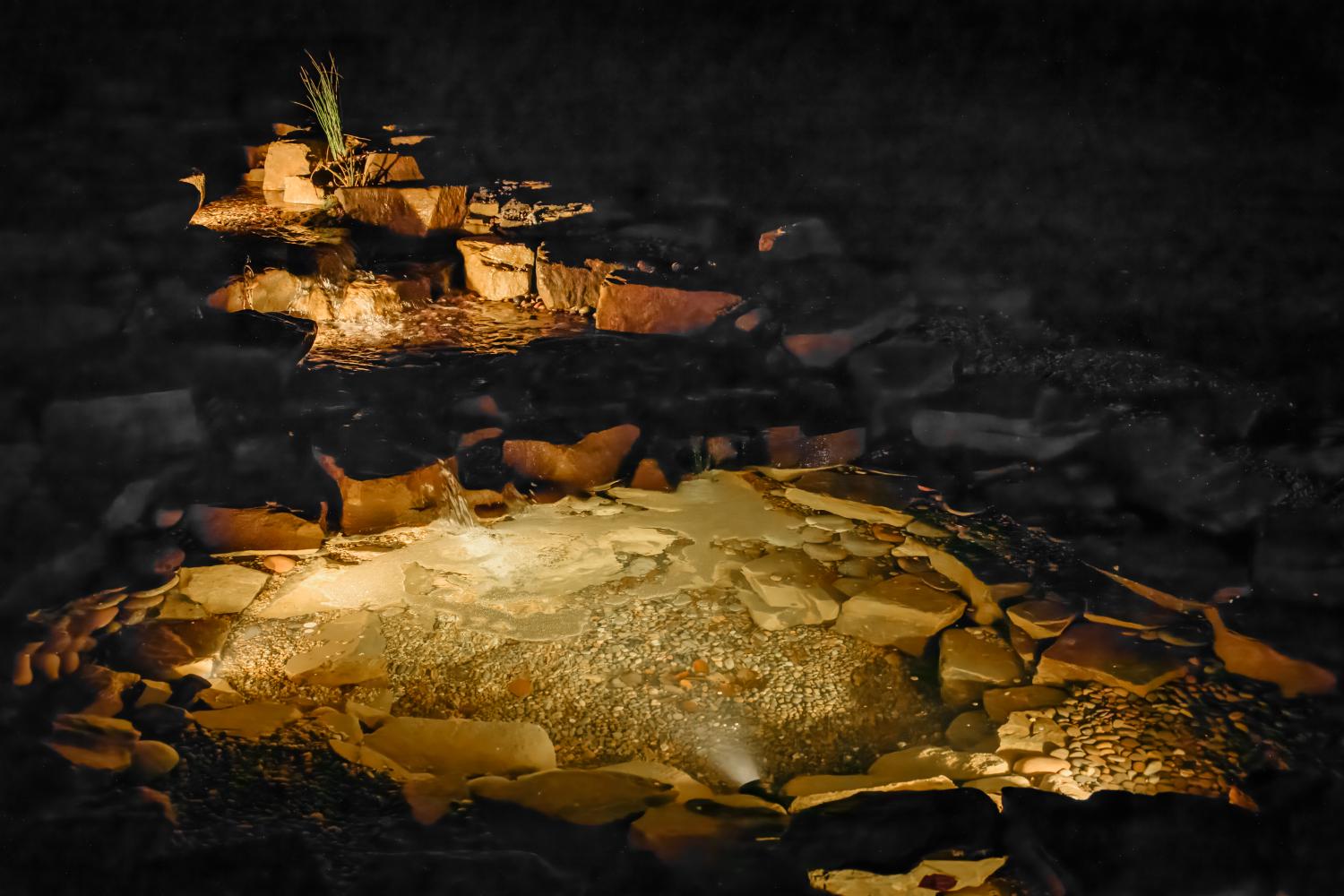 Nightime shot of a new fishpond / November 2023  - Landscaping and Water Features -  Creative Cascades