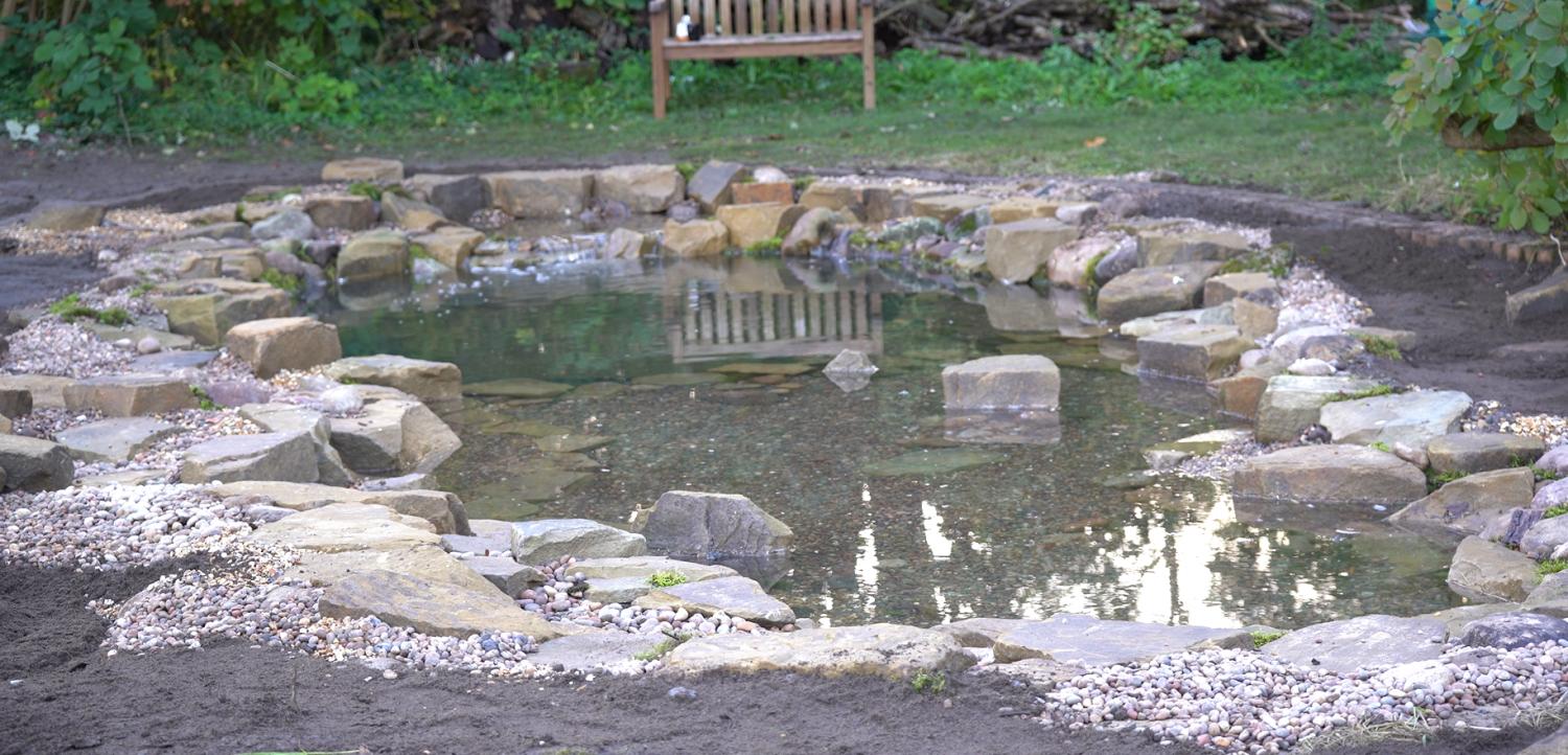 Medium / large pond with skimming zone in foreground which acts as a mechanical filter using natural principles.  - Landscaping and Water Features -  Creative Cascades