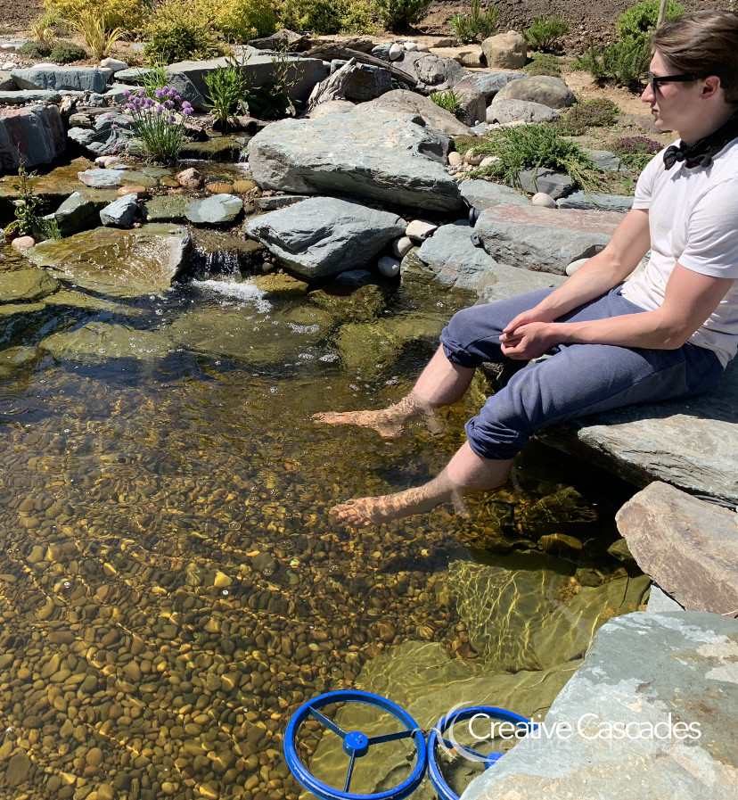 Ben cooling off after a hot days pond building in summer 2019. Note the fish cave underneath Ben - herons cannot get into these.  - Landscaping and Water Features -  Creative Cascades