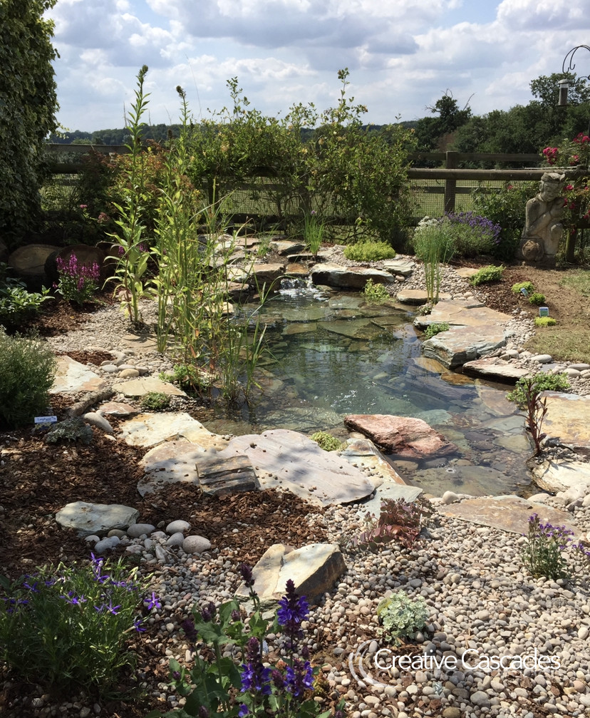 A slate pond we built for wildlife. Over time the plants will soften the appearance. Using a rock structure gives superior water quality, liner protection and largely impedes muddy run-off getting into our ponds. You can have a grass edge if you prefer, but maintenance is more tricky.  - Landscaping and Water Features -  Creative Cascades